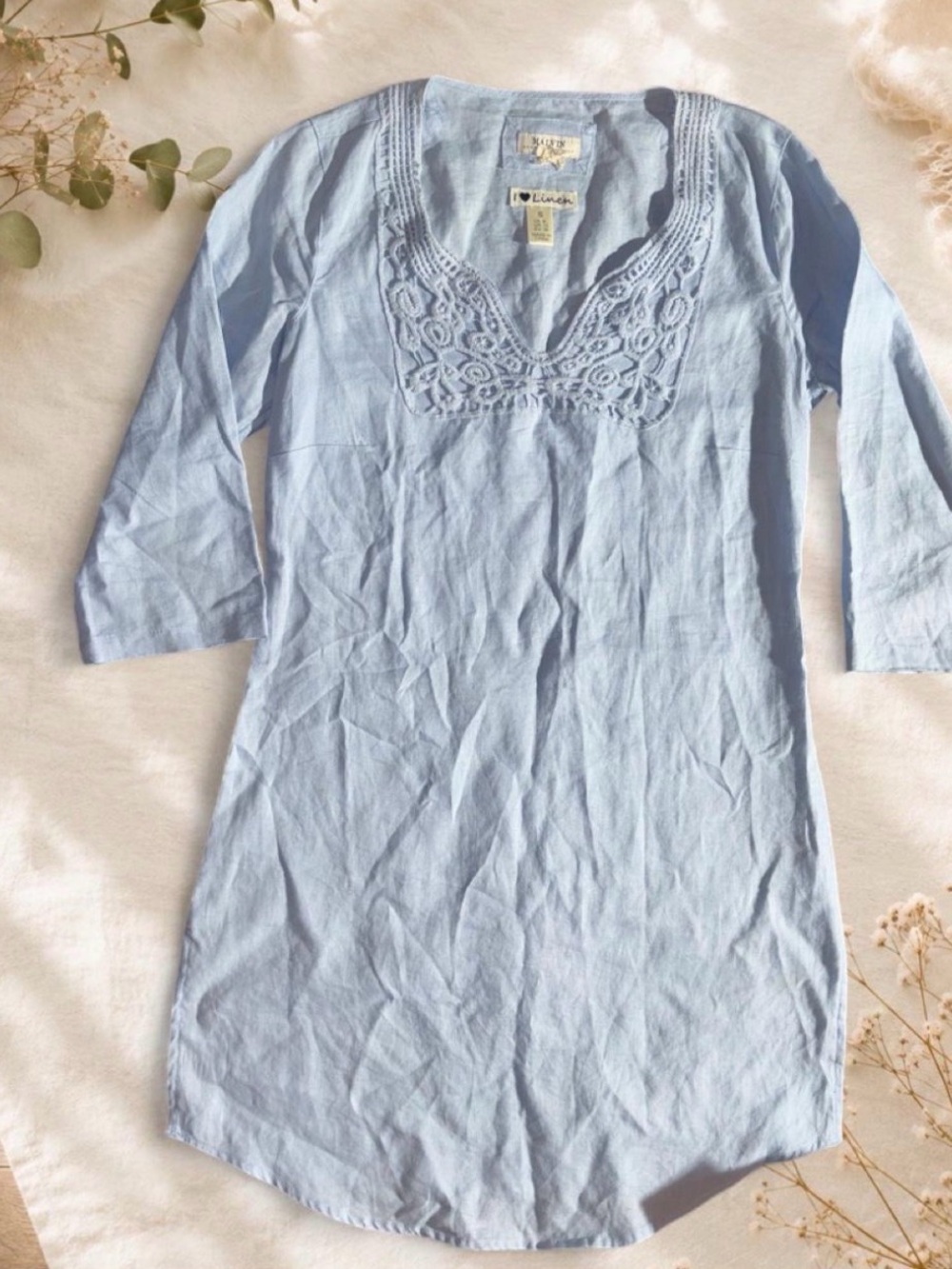 Malvin I Love Linen Crochet Lace V-Neck Tunic Dress Blue Small S